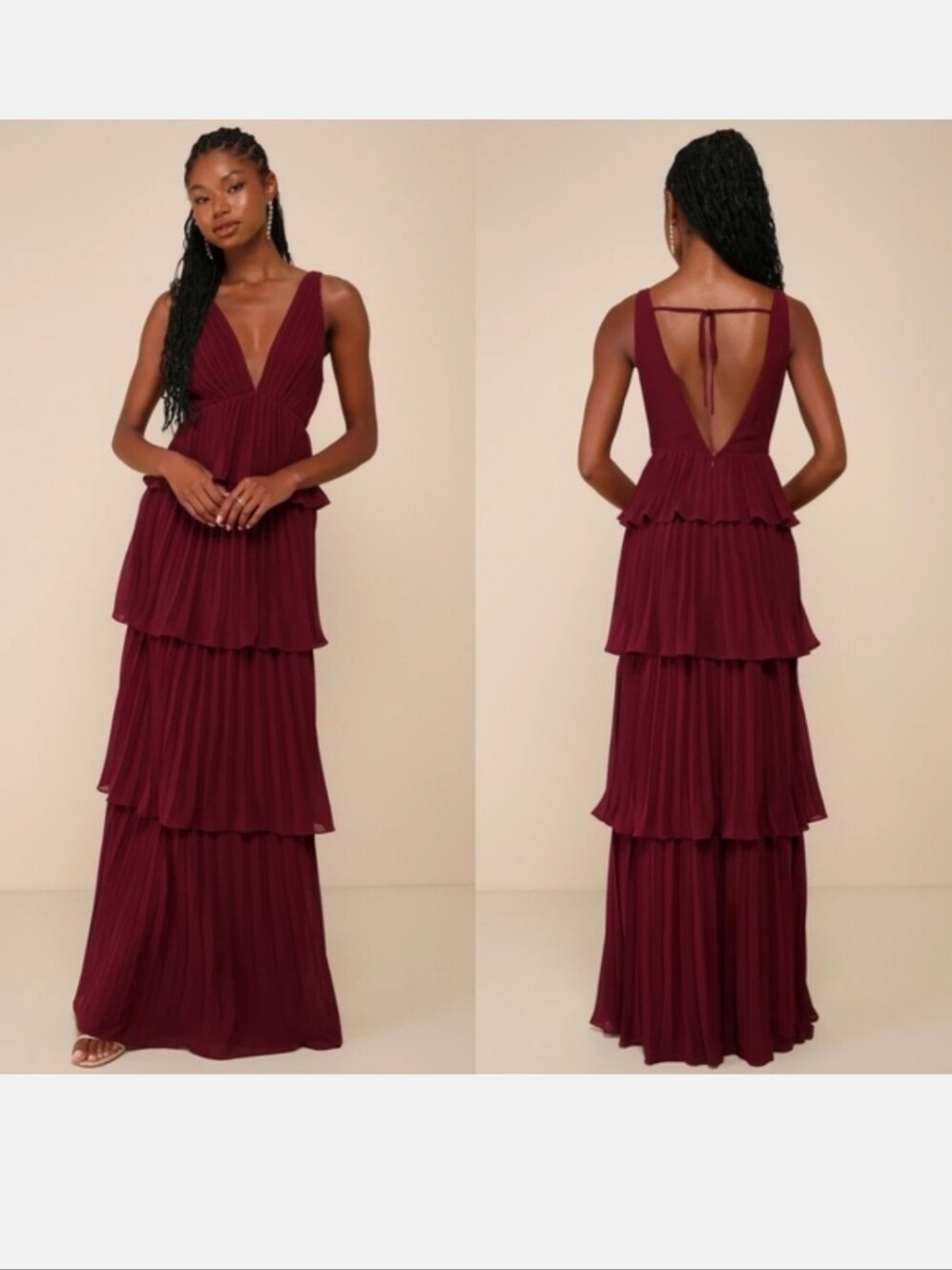 Lulus Mesmerizing Essence Burgundy Pleated Tiered Maxi Dress